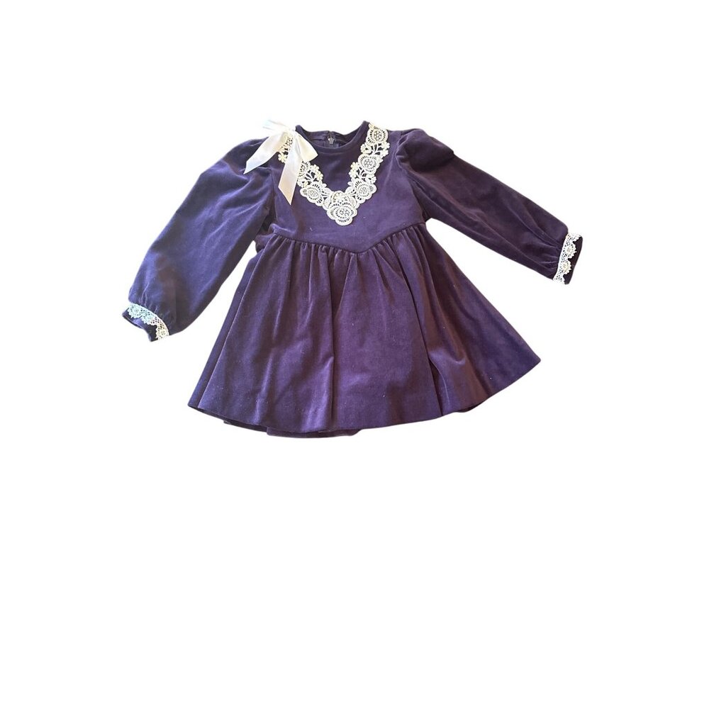 Vintage 80s Good Lad Purple Velvet Baby Dress W/ Lace Trim & Bow 4T